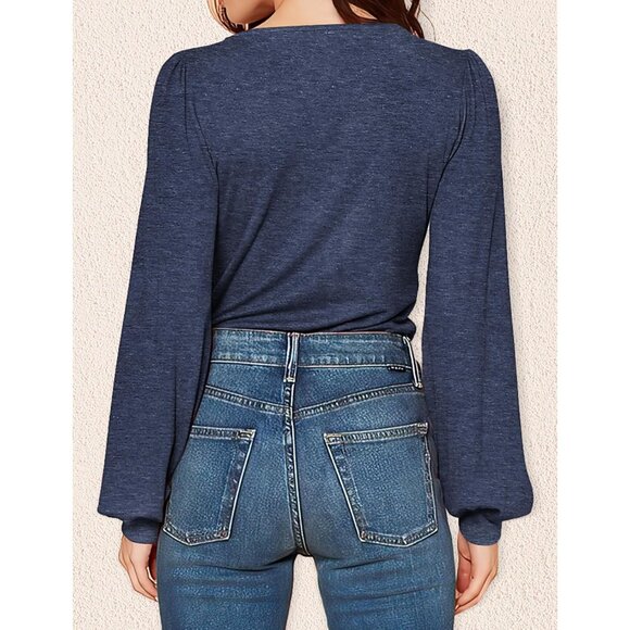 Womens V Neck Long Sleeve Tops Dressy Casual Fall Shirts Puff Sleeve Tunic - Picture 3 of 5